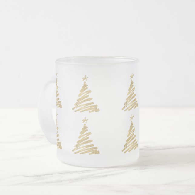 Modern Christmas Tree Faux Gold Foil Frosted Glass Coffee Mug (Front Left)