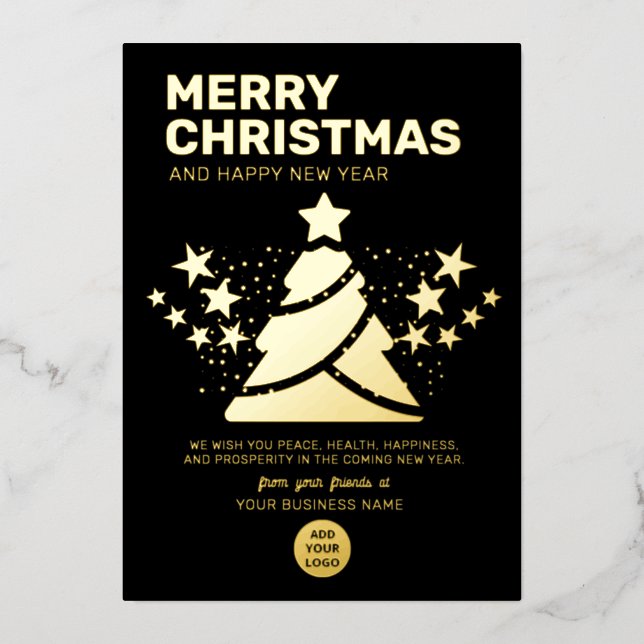 Modern Christmas Tree Gold and Black Business Foil Holiday Card (Front)