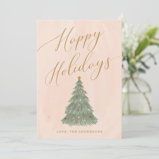 Modern Christmas Tree Gold Calligraphy Holiday Card (Standing Front)