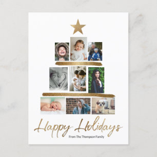 Modern Christmas tree Gold Script Family Photos Holiday Postcard