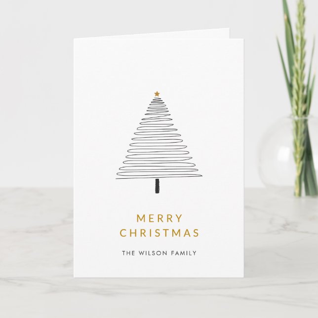 Modern Christmas Tree Gold Star Simple  Holiday Card (Front)