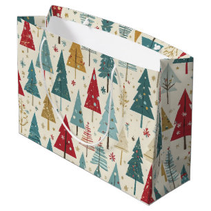 Modern Christmas Tree Green Blue Red Gold Pattern  Large Gift Bag