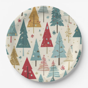Modern Christmas Tree Green Blue Red Gold Pattern  Paper Plate