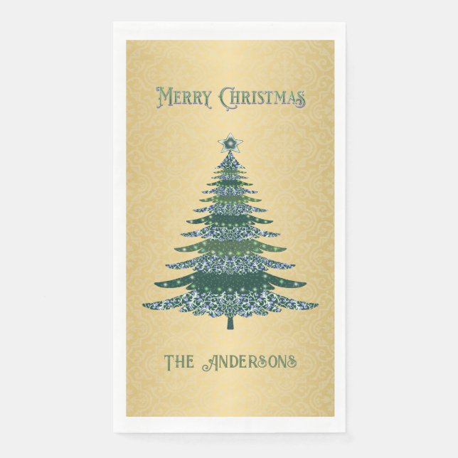 Modern Christmas Tree Green Gold Name Ornaments Napkin (Front)