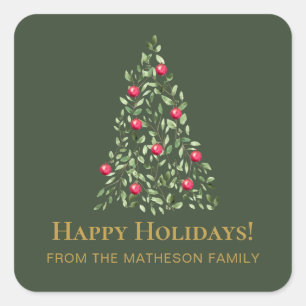 Modern Christmas Tree green red elegant family  Square Sticker