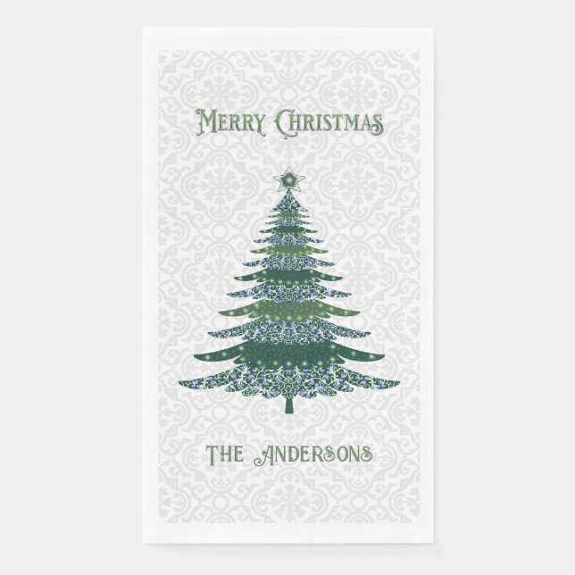 Modern Christmas Tree Green White Personalised Napkin (Front)