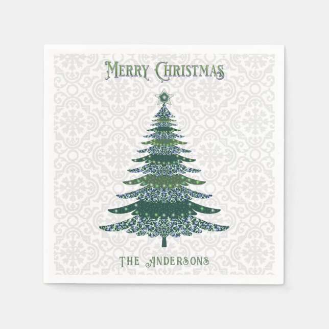 Modern Christmas Tree Green White Personalised Napkin (Front)