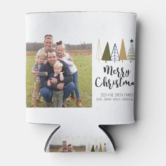 Modern Christmas Tree Holiday Card Can Cooler (Front)