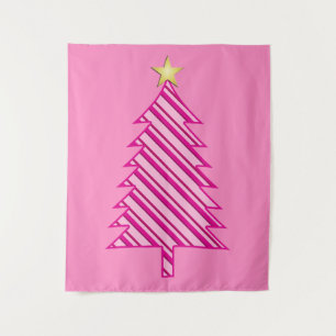 Modern Christmas Tree in Pink Peppermint Stripes Tapestry