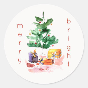 Modern Christmas Tree "Merry and Bright" Minimal Classic Round Sticker