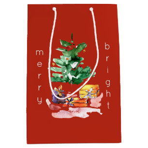 Modern Christmas Tree "Merry and Bright" Minimal  Medium Gift Bag