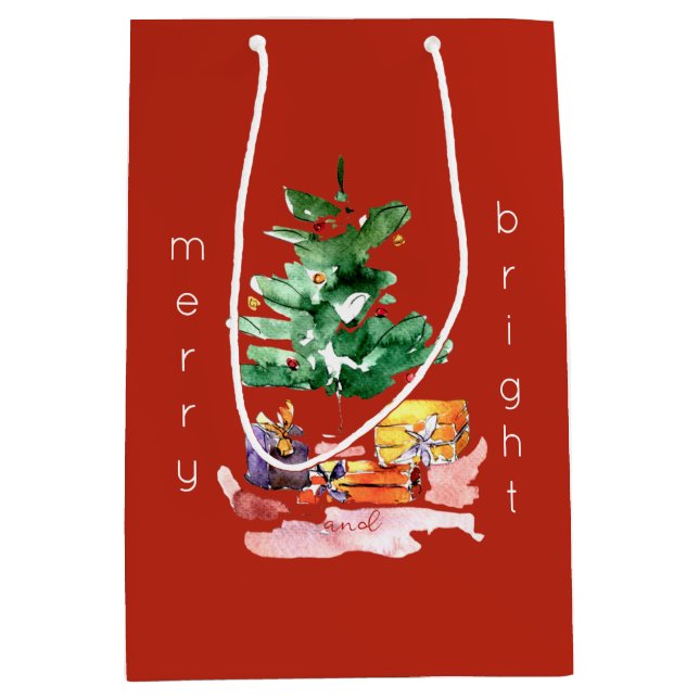 Modern Christmas Tree "Merry and Bright" Minimal  Medium Gift Bag (Front)