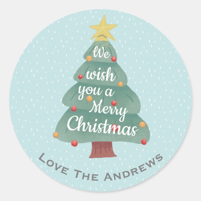 Modern Christmas Tree Merry Christmas Classic Round Sticker (Front)