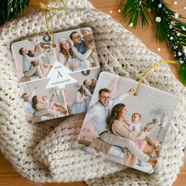 Modern Christmas Tree Monogram Four Photo Family Ceramic Ornament (Modern Christmas Tree Monogram Four Photo Family Ceramic Ornament)