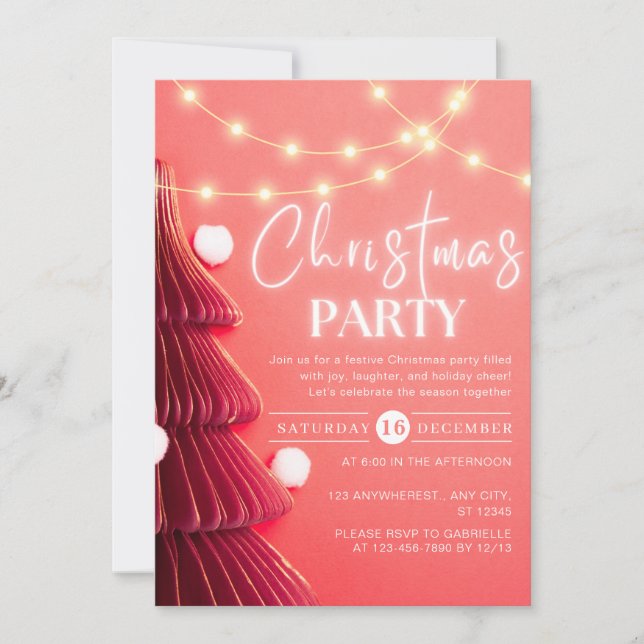 Modern Christmas Tree Neon Pink Christmas Party Invitation (Front)