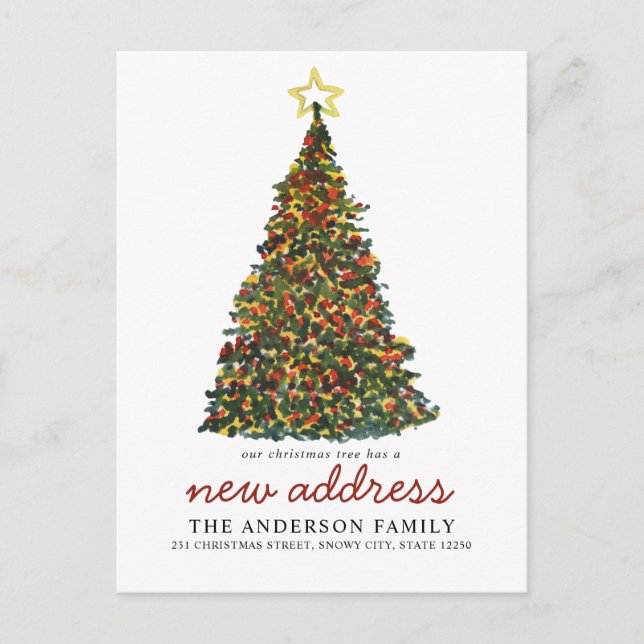 Modern Christmas Tree New Address Holiday Moving Announcement Postcard (Front)