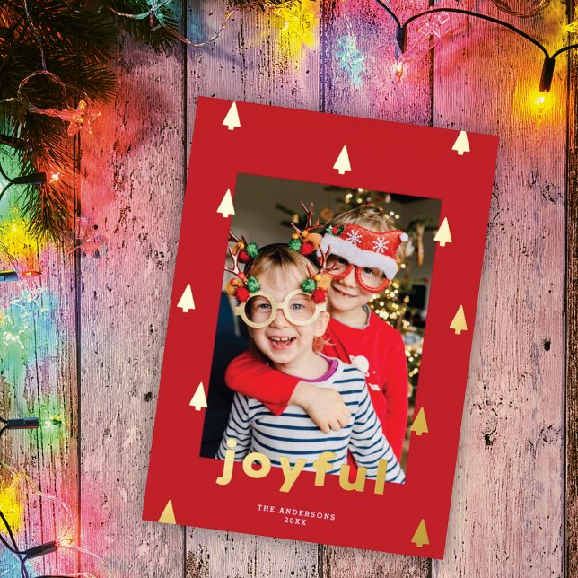 Modern Christmas Tree One Photo Red + Gold Foil Holiday Card (Creator Uploaded)