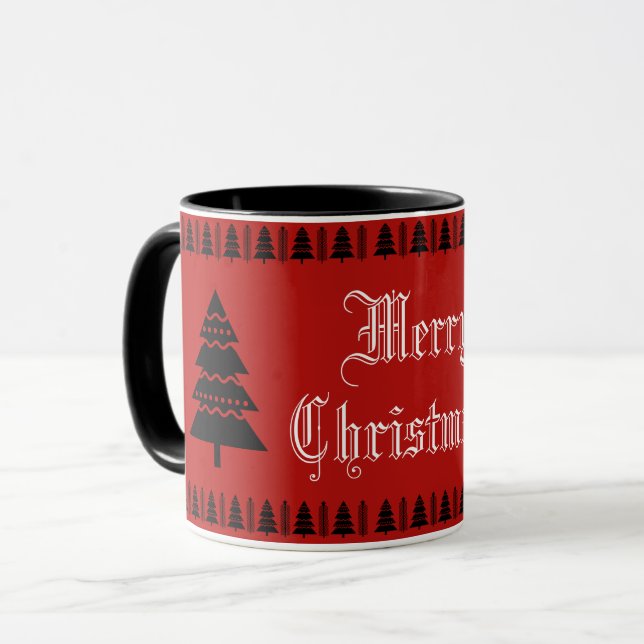 Modern Christmas Tree Pattern Black Red White Mug (Front Left)