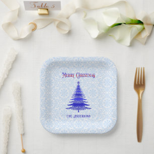 Modern Christmas Tree Personalised Blue Snowflakes Paper Plate