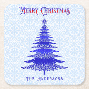 Modern Christmas Tree Personalised Blue Snowflakes Square Paper Coaster