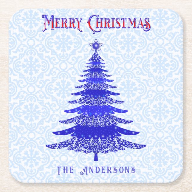 Modern Christmas Tree Personalised Blue Snowflakes Square Paper Coaster (Front)