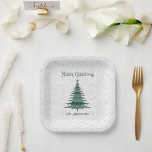 Modern Christmas Tree Personalised Green White Paper Plate
