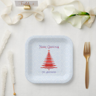 Modern Christmas Tree Personalised Red Blue Paper Plate
