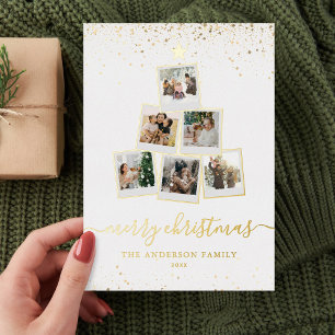 Modern Christmas Tree Photo Collage Foil Holiday Card