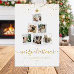 Modern Christmas Tree Photo Collage Holiday Card<br><div class="desc">Personalised Christmas cards featuring a Christmas tree shaped photo collage with 6 pictures alongside elegant minimalist typography in gold colour. Reverse side features your custom holiday message to friends and family with one square photo.</div>