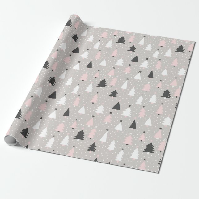 Modern Christmas Tree Pink Black Gray Holiday Wrapping Paper (Unrolled)