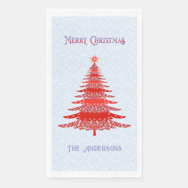 Modern Christmas Tree Red Blue Personalised Napkin (Front)