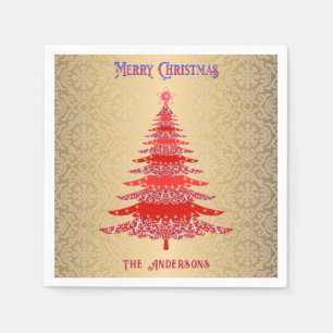 Modern Christmas Tree Red Gold Name Ornaments Napkin