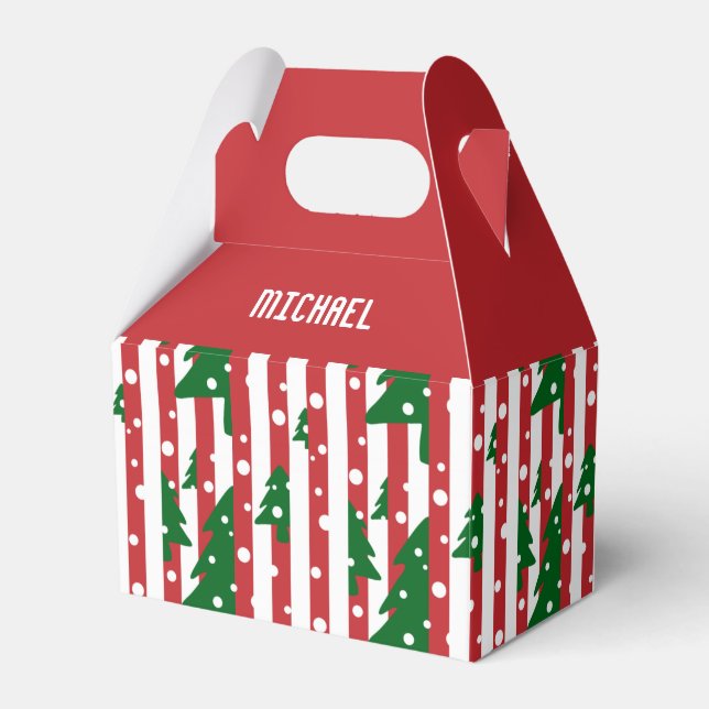 Modern Christmas Tree Red Green Striped pattern Favour Box (Front Side)
