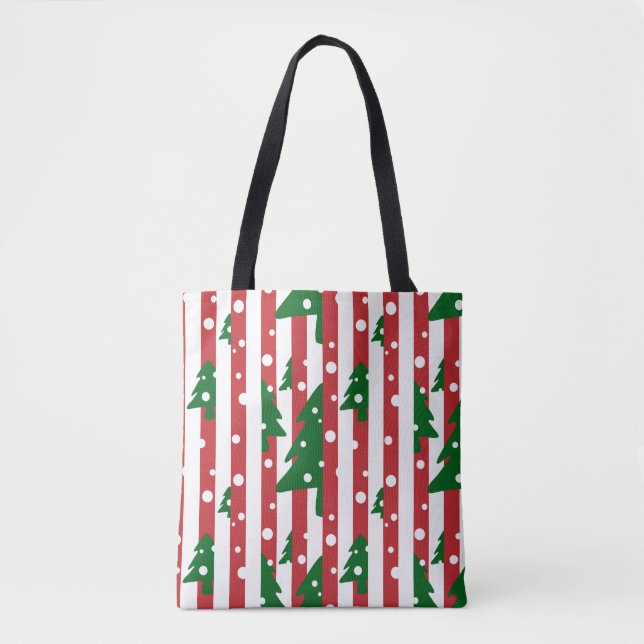 Modern Christmas Tree Red Green Striped pattern Tote Bag (Front)