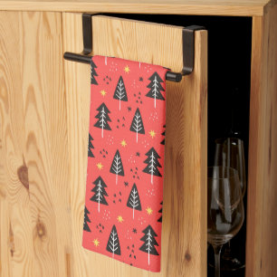 Modern Christmas Tree Red Orange Colour Pattern Tea Towel