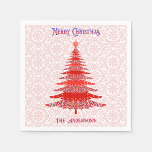 Modern Christmas Tree Red Personalised Snowflakes Napkin