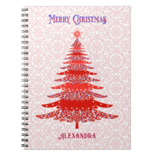 Modern Christmas Tree Red Personalised Snowflakes Notebook