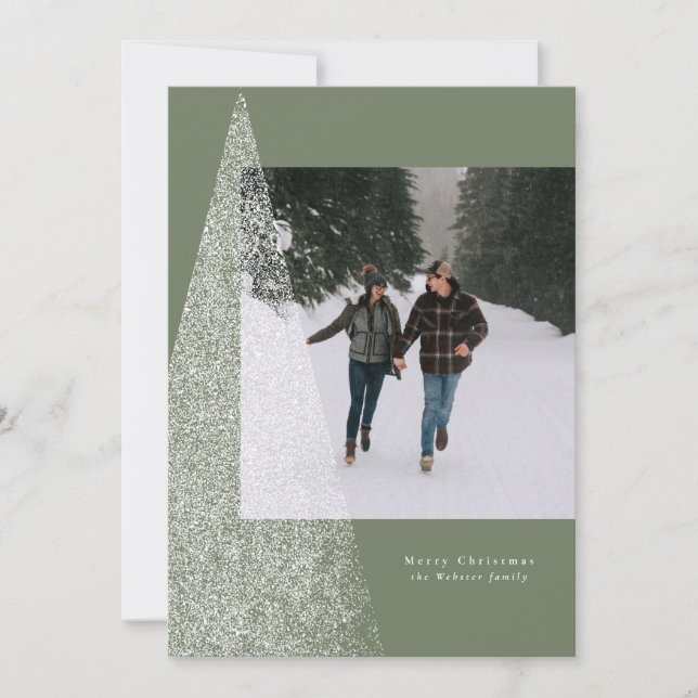 Modern Christmas tree sage green one photo Holiday Card (Front)