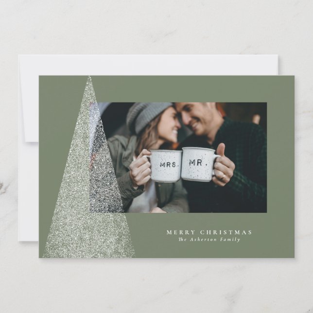 Modern Christmas tree sage green one photo Holiday Card (Front)