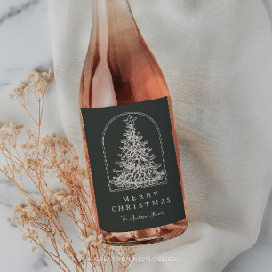 Modern Christmas Tree Sketch Arch Boho Holiday Wine Label