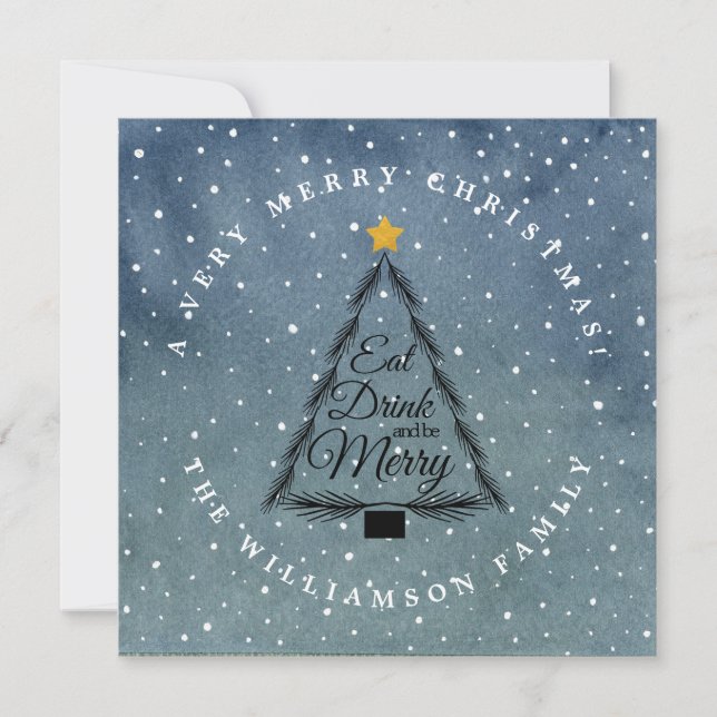 Modern Christmas Tree Snowfall Dark Blue Holiday Card (Front)