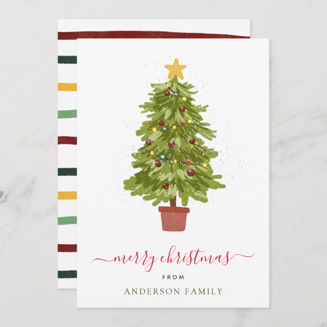 Modern Christmas Tree Snowy Colourful Stripes Holiday Card (Front/Back)