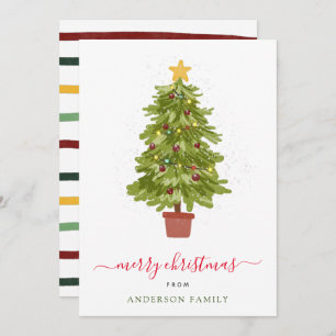 Modern Christmas Tree Snowy Colourful Stripes Holiday Card