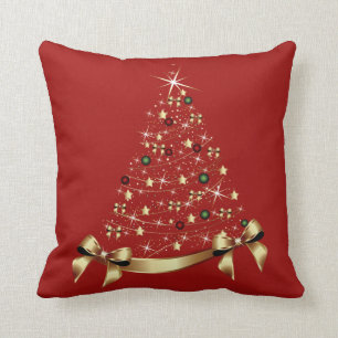 Modern Christmas Tree Stars Ornament Gold Bow Cushion