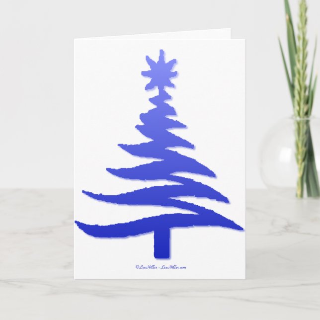 Modern Christmas Tree Stencil Print Blue Holiday Card (Front)