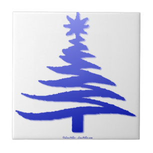 Modern Christmas Tree Stencil Print Blue Tile
