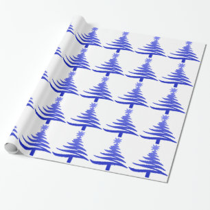 Modern Christmas Tree Stencil Print Blue Wrapping Paper