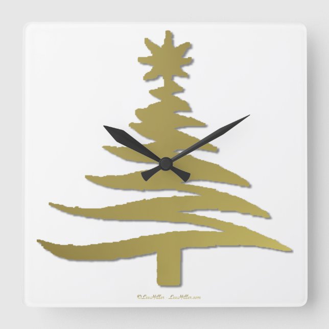 Modern Christmas Tree Stencil Print Gold Square Wall Clock (Front)