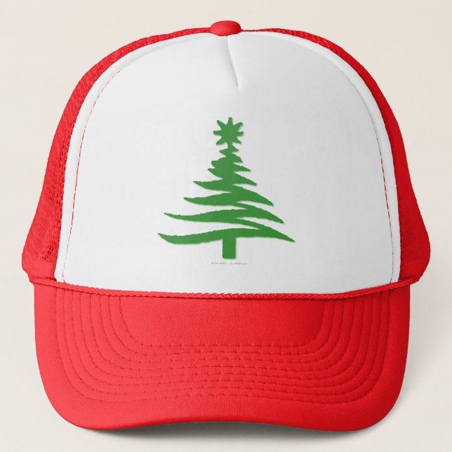 Modern Christmas Tree Stencil Print Green Trucker Hat (Front)