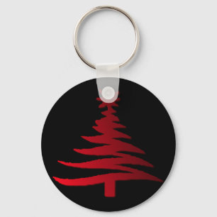 Modern Christmas Tree Stencil Print Red Key Ring